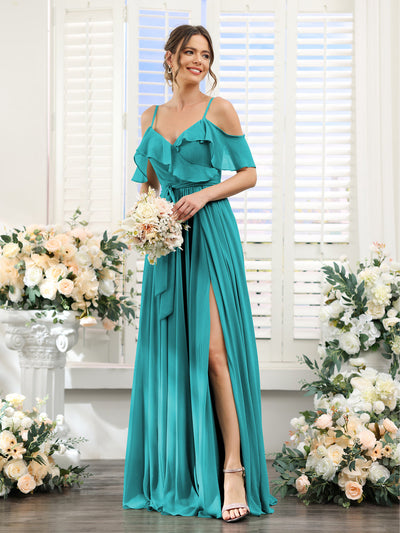 A-Line V-Neck Spaghetti Straps Chiffon Bridesmaid Dresses with Pockets