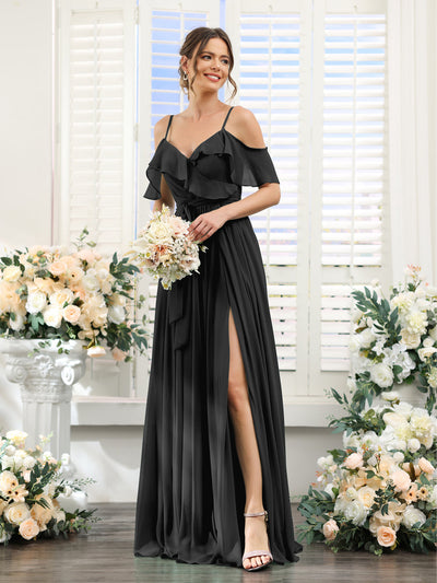 A-Line V-Neck Spaghetti Straps Chiffon Bridesmaid Dresses with Pockets