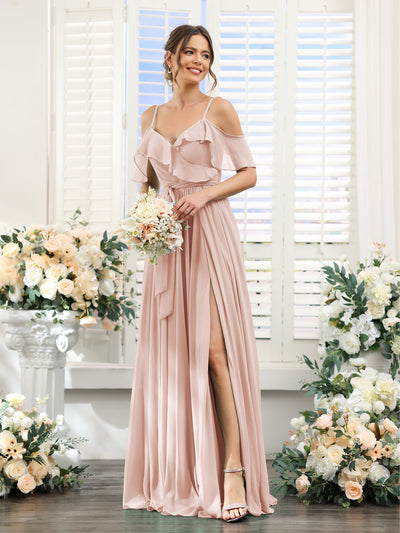 A-Line V-Neck Spaghetti Straps Chiffon Bridesmaid Dresses with Pockets