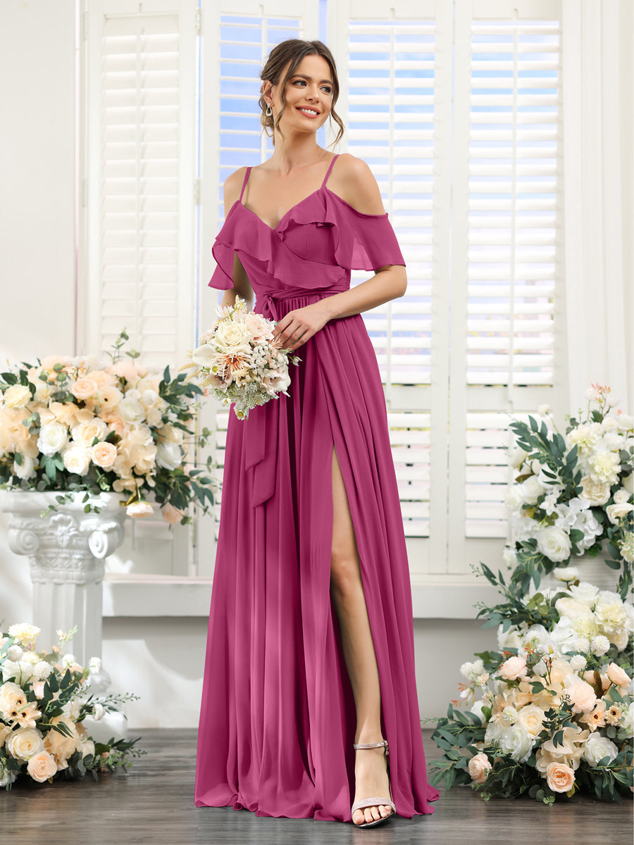 A-Line V-Neck Spaghetti Straps Chiffon Bridesmaid Dresses with Pockets