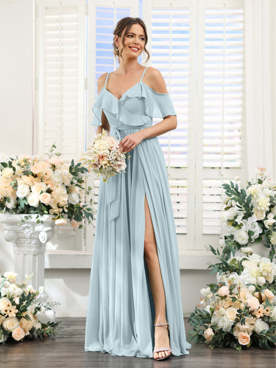 A-Line V-Neck Spaghetti Straps Chiffon Bridesmaid Dresses with Pockets