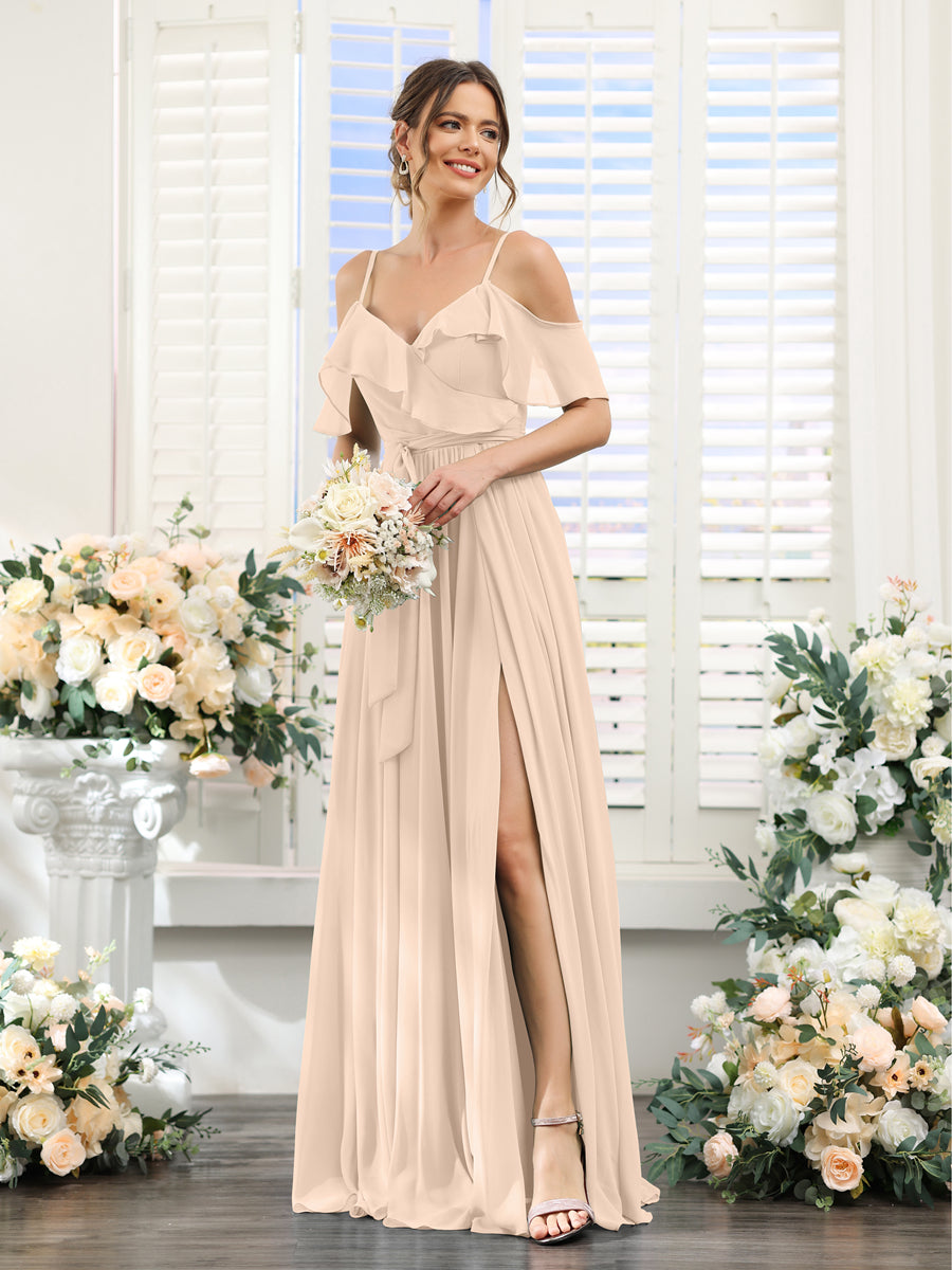 A-Line V-Neck Spaghetti Straps Chiffon Bridesmaid Dresses with Pockets