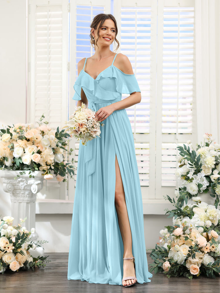Spaghetti Strap Chiffon Gown with Asymmetrical Hems Sky Blue