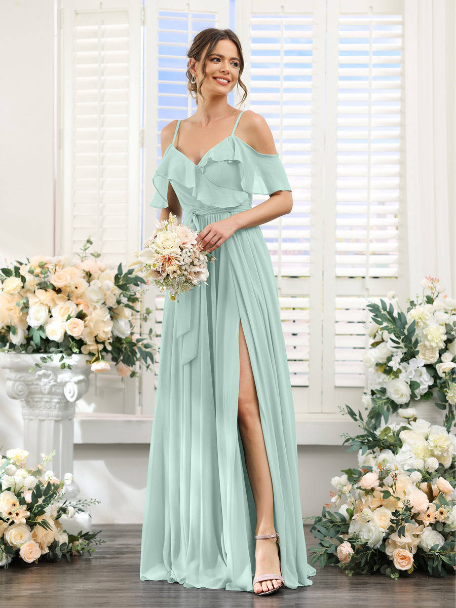 A-Line V-Neck Spaghetti Straps Chiffon Bridesmaid Dresses with Pockets