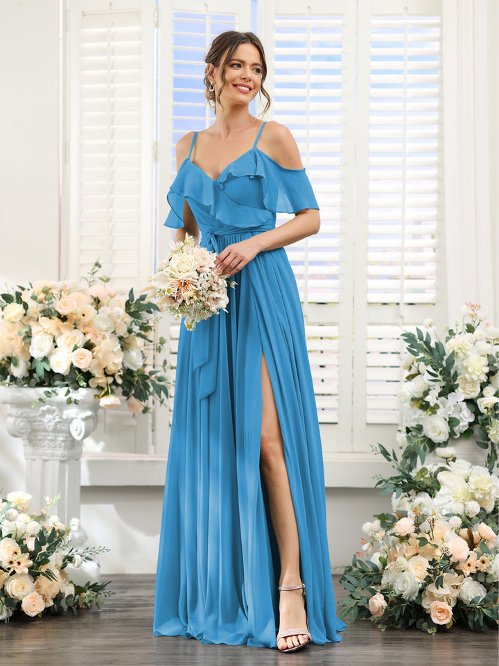 A-Line V-Neck Spaghetti Straps Chiffon Bridesmaid Dresses with Pockets