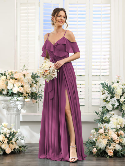 A-Line V-Neck Spaghetti Straps Chiffon Bridesmaid Dresses with Pockets