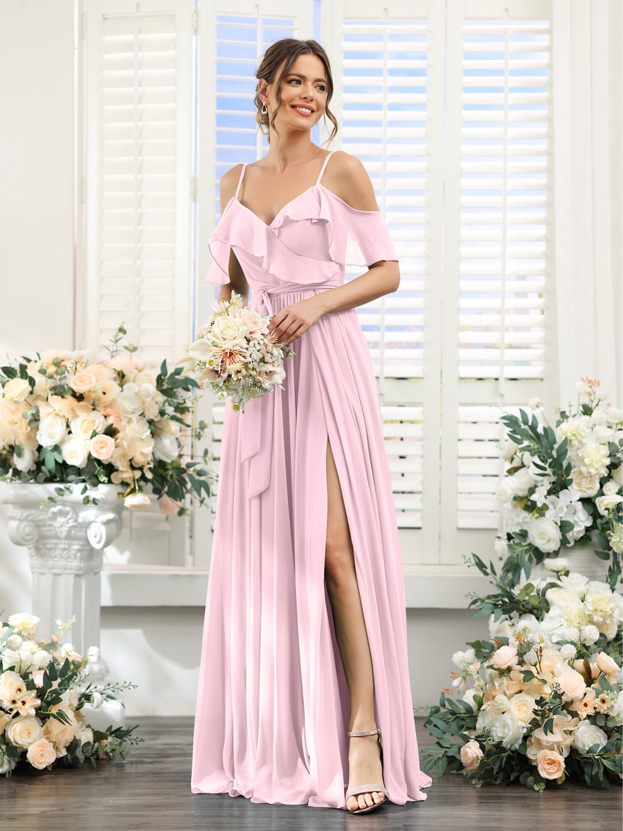 A-Line V-Neck Spaghetti Straps Chiffon Bridesmaid Dresses with Pockets