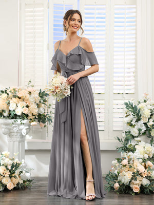 spaghetti strap chiffon bridesmaid dress Wedtrend Women Bridesmaids Spaghetti Straps Long Chiffon Bridesmaid Dress with Slit, Black