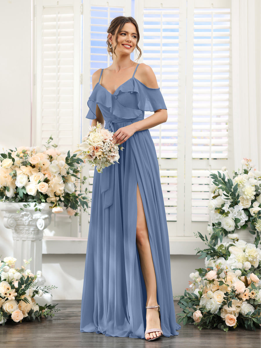 A-Line V-Neck Spaghetti Straps Chiffon Bridesmaid Dresses with Pockets