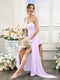 Sheath/Column One-Shoulder Sleeveless Split Side High Low Silk Satin Bridesmaid Dresses