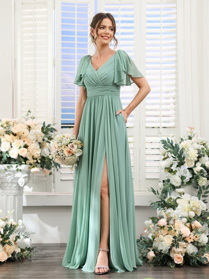 A-Line V-Neck Short Sleeves Split Side Chiffon Bridesmaid Dresses with Pockets
