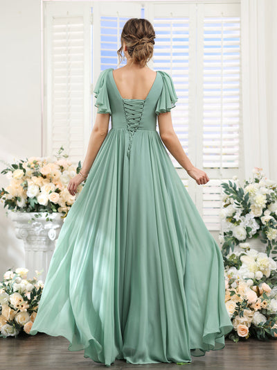 A-Line V-Neck Short Sleeves Split Side Chiffon Bridesmaid Dresses with Pockets