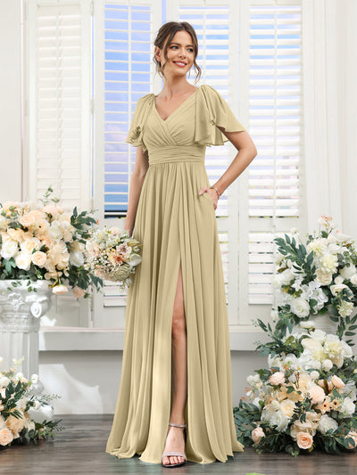 A-Line V-Neck Short Sleeves Split Side Chiffon Bridesmaid Dresses with Pockets