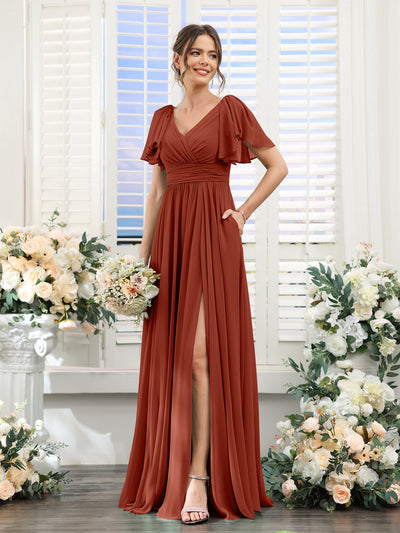 A-Line V-Neck Short Sleeves Split Side Chiffon Bridesmaid Dresses with Pockets