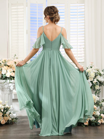 A-Line V-Neck Spaghetti Straps Short Sleeves Split Side Chiffon Bridesmaid Dresses