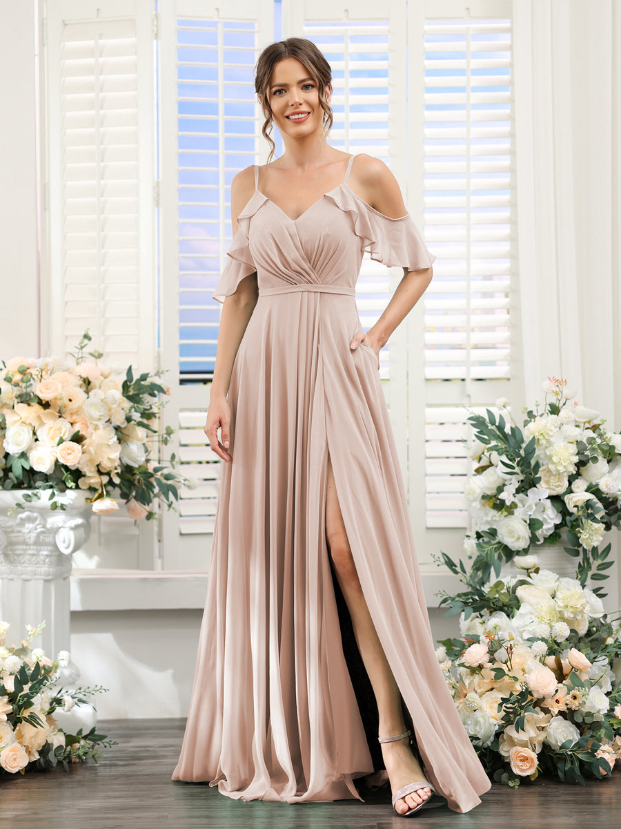 A-Line V-Neck Spaghetti Straps Short Sleeves Split Side Chiffon Bridesmaid Dresses