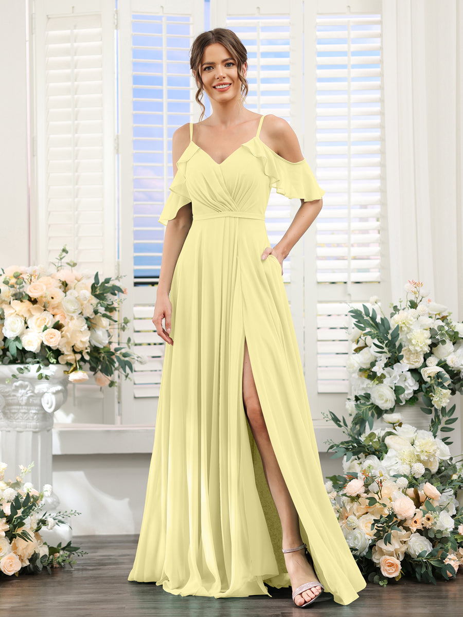 A-Line V-Neck Spaghetti Straps Short Sleeves Split Side Chiffon Bridesmaid Dresses