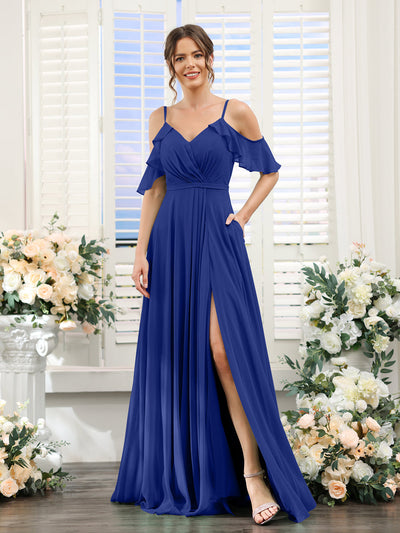 A-Line V-Neck Spaghetti Straps Short Sleeves Split Side Chiffon Bridesmaid Dresses