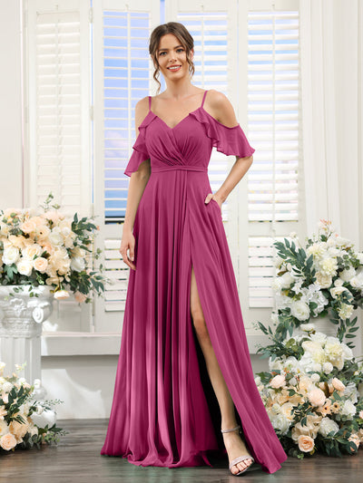 A-Line V-Neck Spaghetti Straps Short Sleeves Split Side Chiffon Bridesmaid Dresses