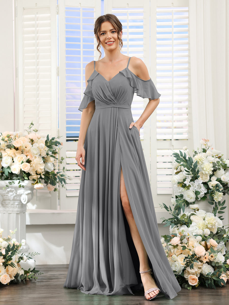 A-Line V-Neck Spaghetti Straps Short Sleeves Split Side Chiffon Bridesmaid Dresses