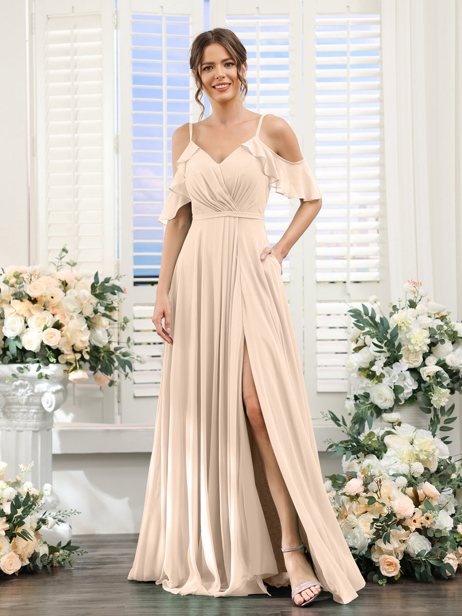 A-Line V-Neck Spaghetti Straps Short Sleeves Split Side Chiffon Bridesmaid Dresses