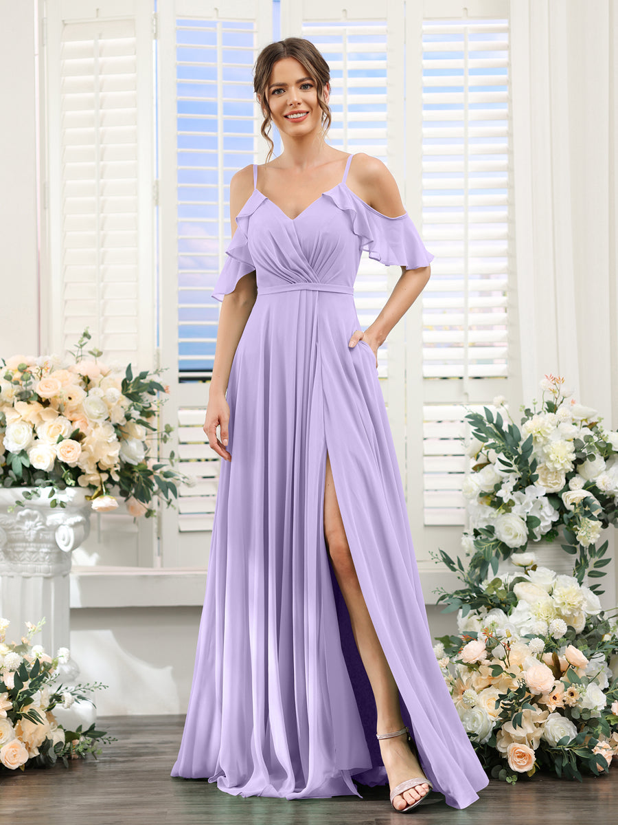 A-Line V-Neck Spaghetti Straps Short Sleeves Split Side Chiffon Bridesmaid Dresses