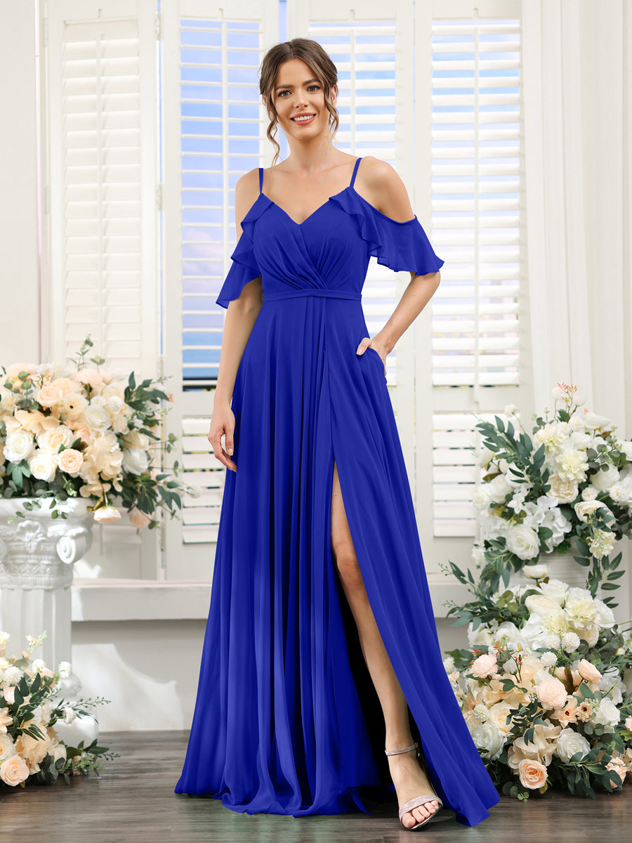 A-Line V-Neck Spaghetti Straps Short Sleeves Split Side Chiffon Bridesmaid Dresses