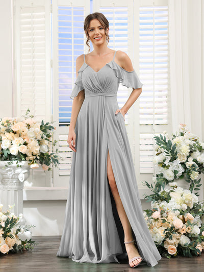 A-Line V-Neck Spaghetti Straps Short Sleeves Split Side Chiffon Bridesmaid Dresses