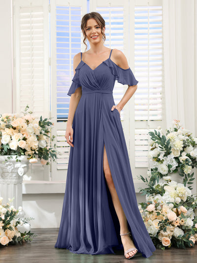 A-Line V-Neck Spaghetti Straps Short Sleeves Split Side Chiffon Bridesmaid Dresses