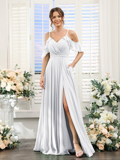 A-Line V-Neck Spaghetti Straps Short Sleeves Split Side Chiffon Bridesmaid Dresses