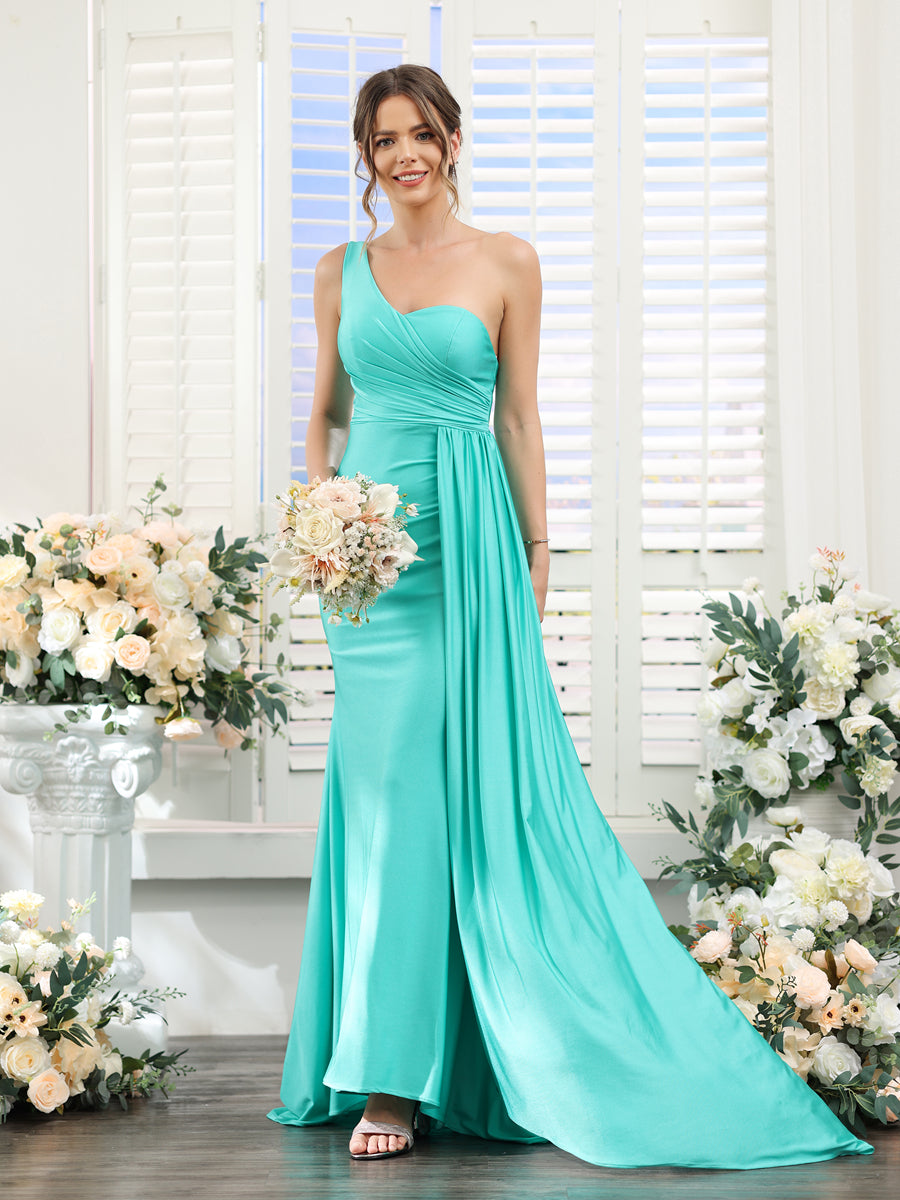 Sheath/Column One-Shoulder Sleeveless Ruched Silk Satin Bridesmaid Dresses