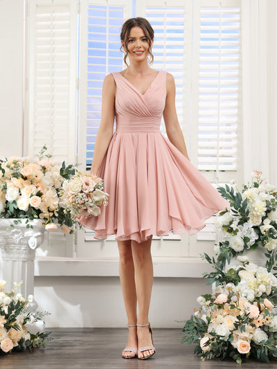 A-Line V-Neck Sleeveless Ruched Chiffon Short Bridesmaid Dresses