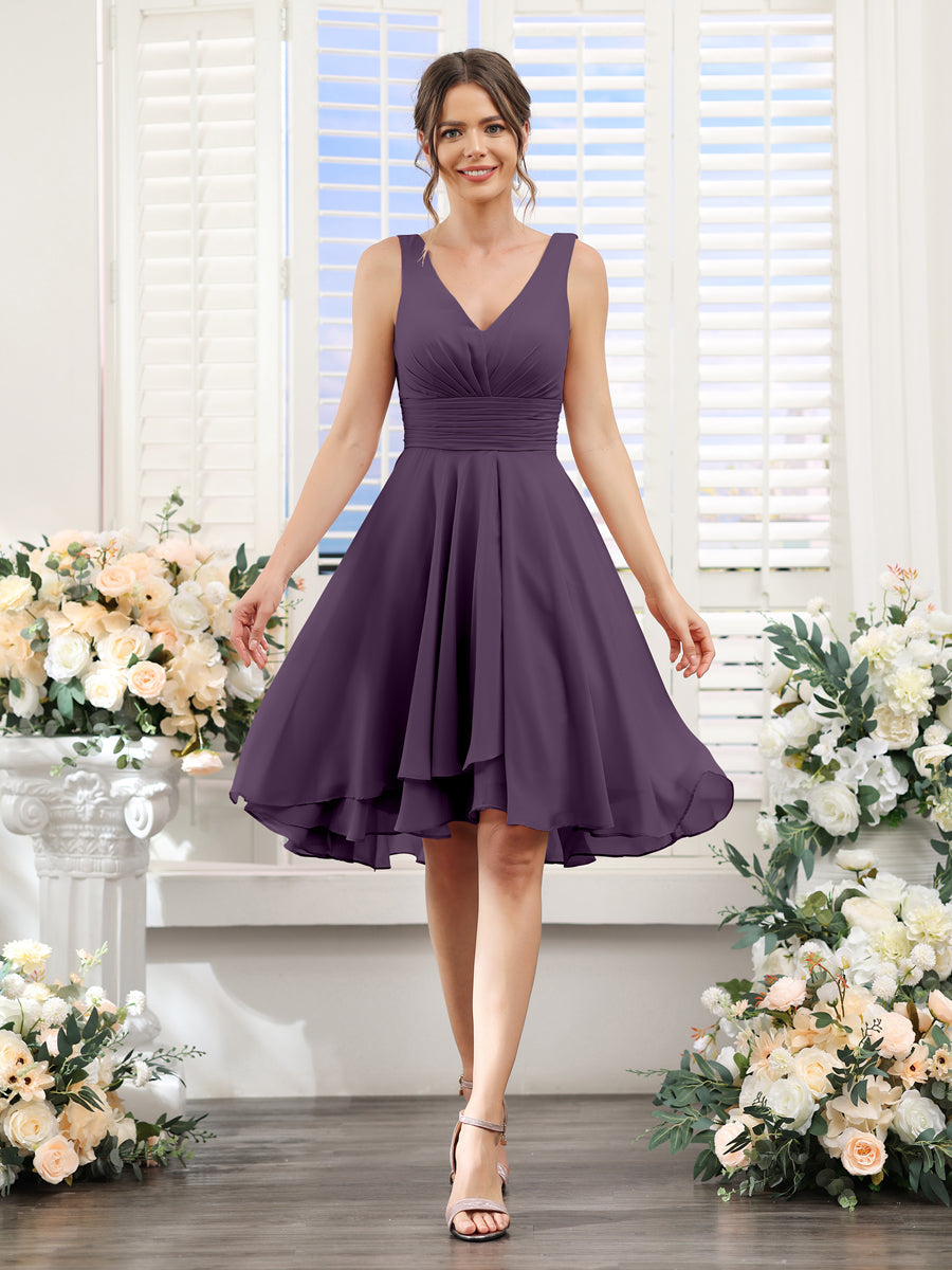Lavetir Bridesmaid Dresses Purple A-Line V-Neck Ruched Sleeveless Short Chiffon 2026