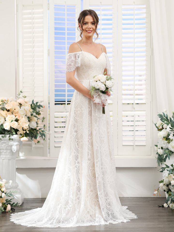 A-Line Spaghetti Straps Short Sleeves Long Lace Wedding Dresses