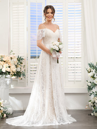A-Line Spaghetti Straps Short Sleeves Long Lace Wedding Dresses