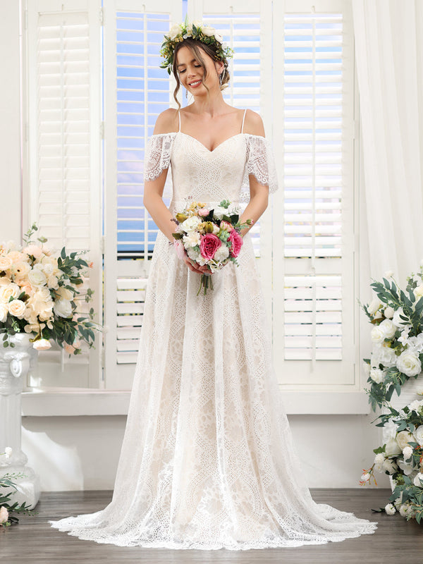 A-Line Spaghetti Straps Short Sleeves Long Lace Wedding Dresses