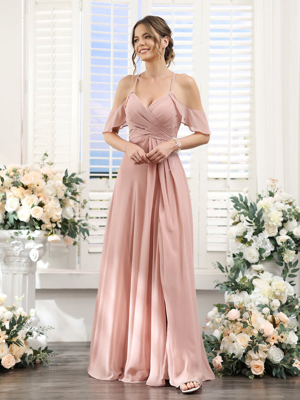 A-Line V-Neck Spaghetti Straps Split Side Floor-Length Chiffon Bridesmaid Dresses