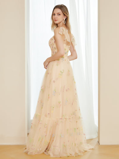 Retro A-Line Tulle Embroidery Long Prom Dresses with Spaghetti Straps