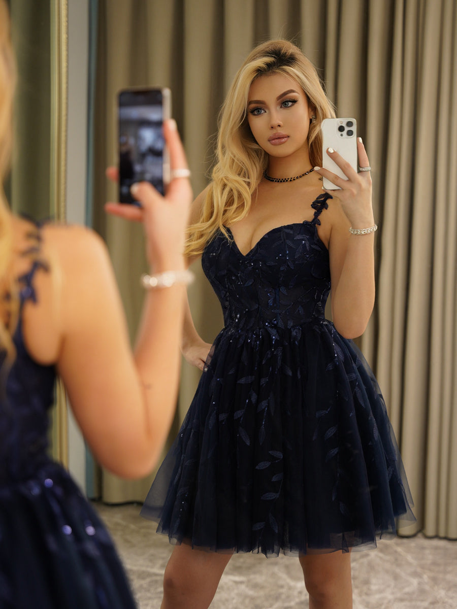 A-Line Spaghetti Straps Sleeveless Short Dresses with Appliques &amp; Sequins
