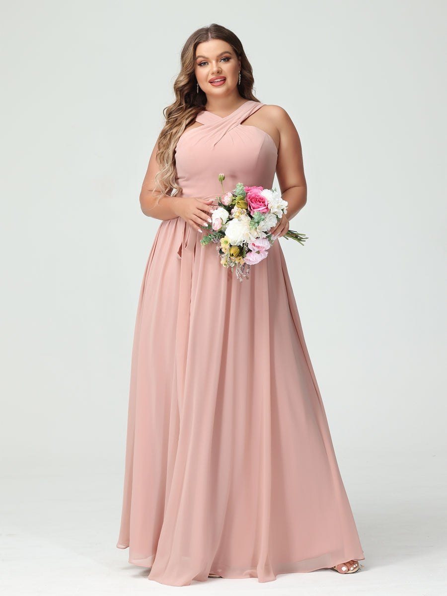 A-Line/Princess Criss Cross Sleeveless Chiffon Plus Size Bridesmaid Dresses with Sash