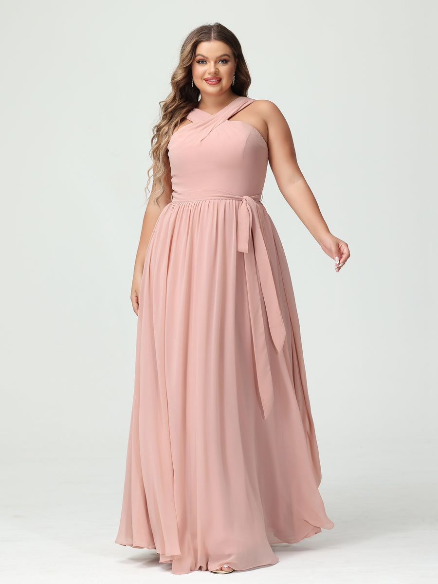 A-Line/Princess Criss Cross Sleeveless Chiffon Plus Size Bridesmaid Dresses with Sash