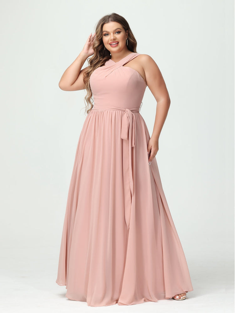 A-Line/Princess/Princess Spaghetti Straps Sleeveless Chiffon Plus Size Bridesmaid Dresses with Pockets & Split Side
