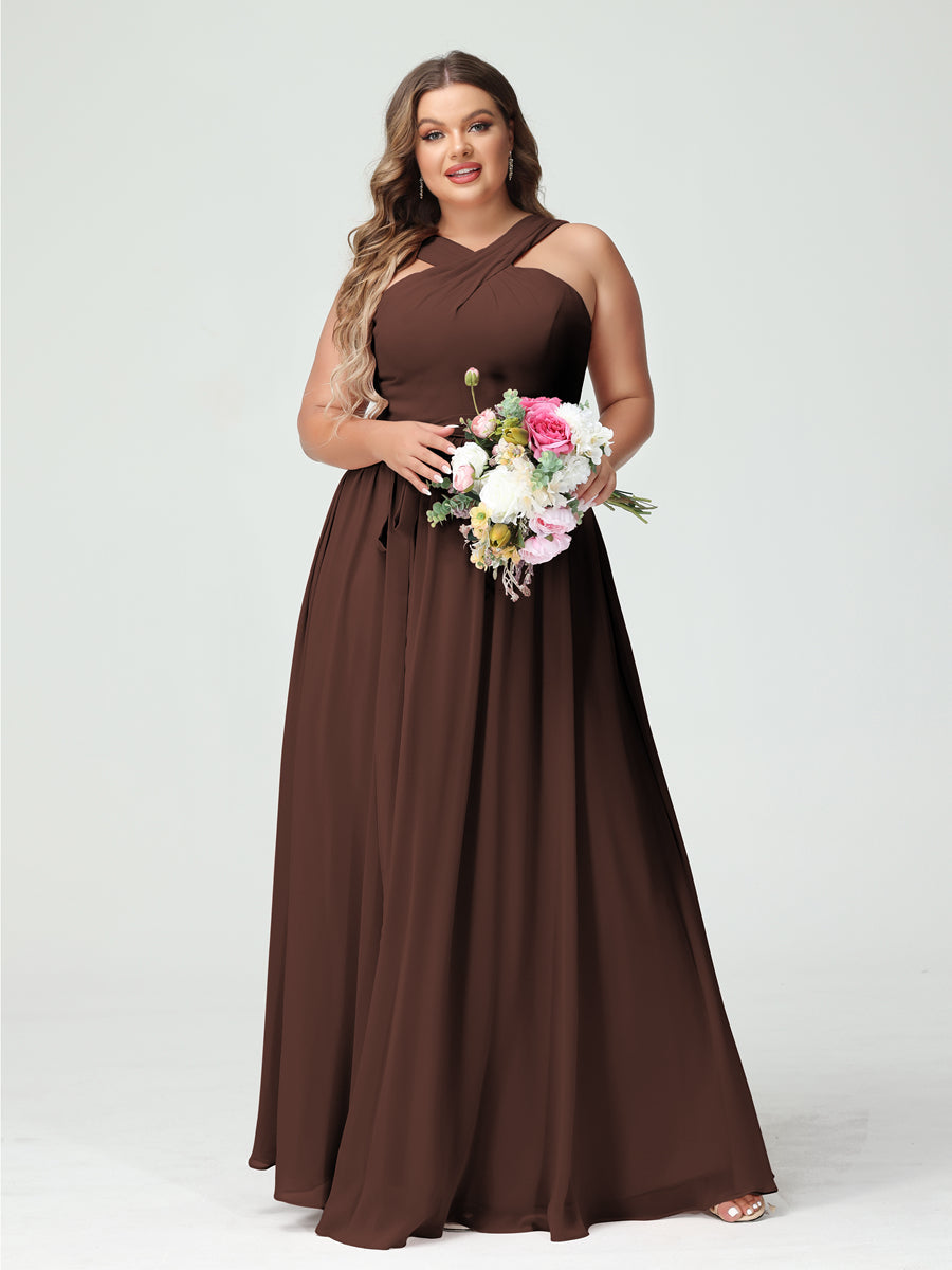 A-Line/Princess Criss Cross Sleeveless Chiffon Plus Size Bridesmaid Dresses with Sash