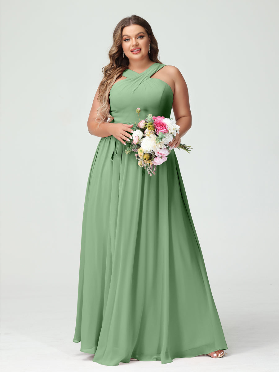 A-Line/Princess Criss Cross Sleeveless Chiffon Plus Size Bridesmaid Dresses with Sash