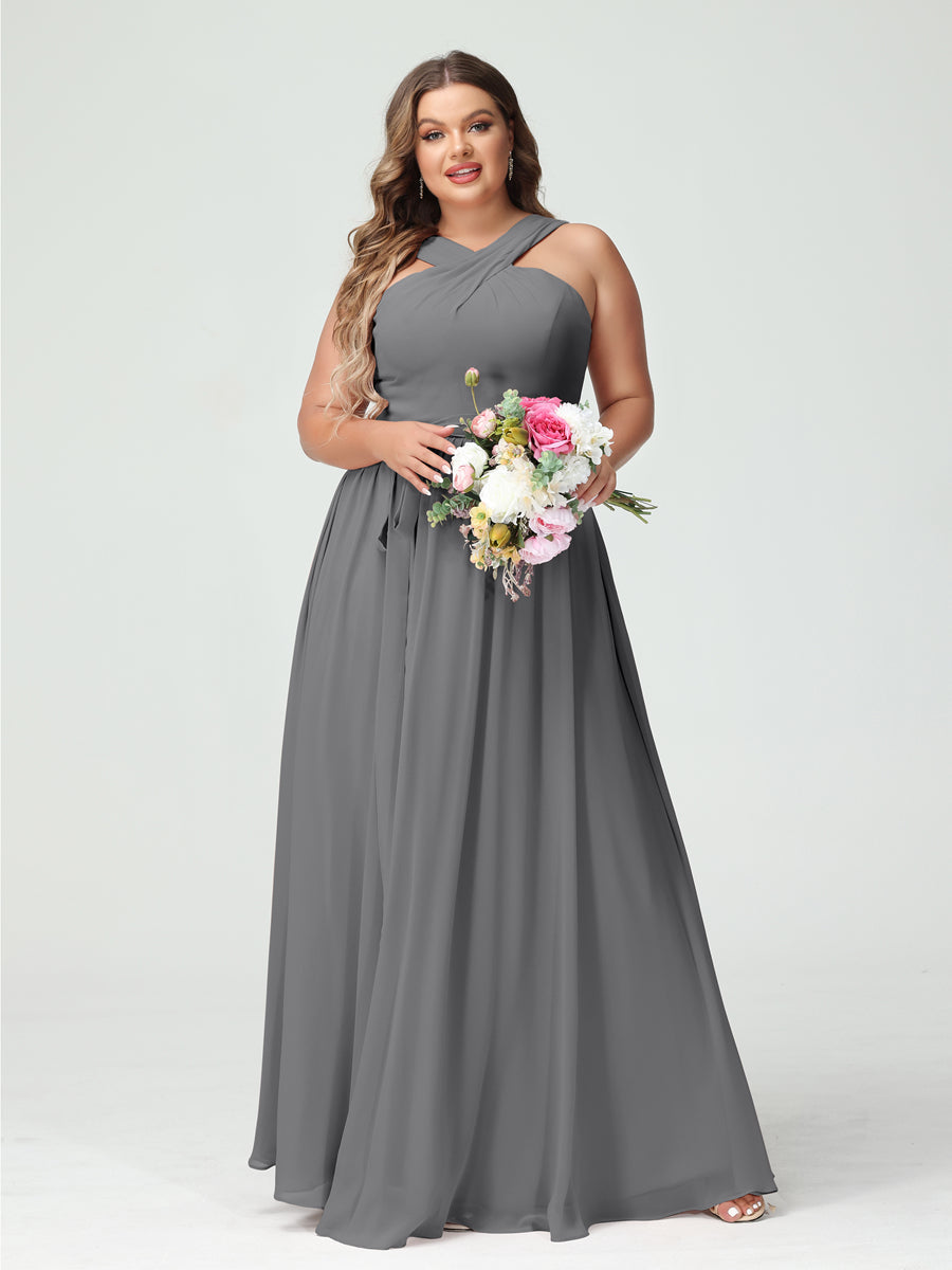 A-Line/Princess Criss Cross Sleeveless Chiffon Plus Size Bridesmaid Dresses with Sash