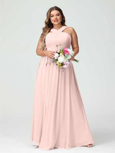 A-Line/Princess Criss Cross Sleeveless Chiffon Plus Size Bridesmaid Dresses with Sash