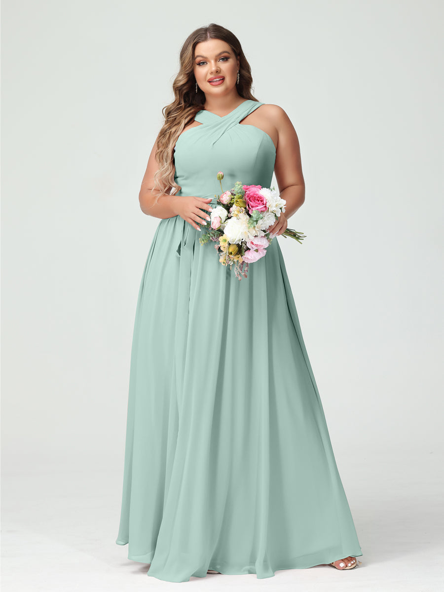 A-Line/Princess Criss Cross Sleeveless Chiffon Plus Size Bridesmaid Dresses with Sash