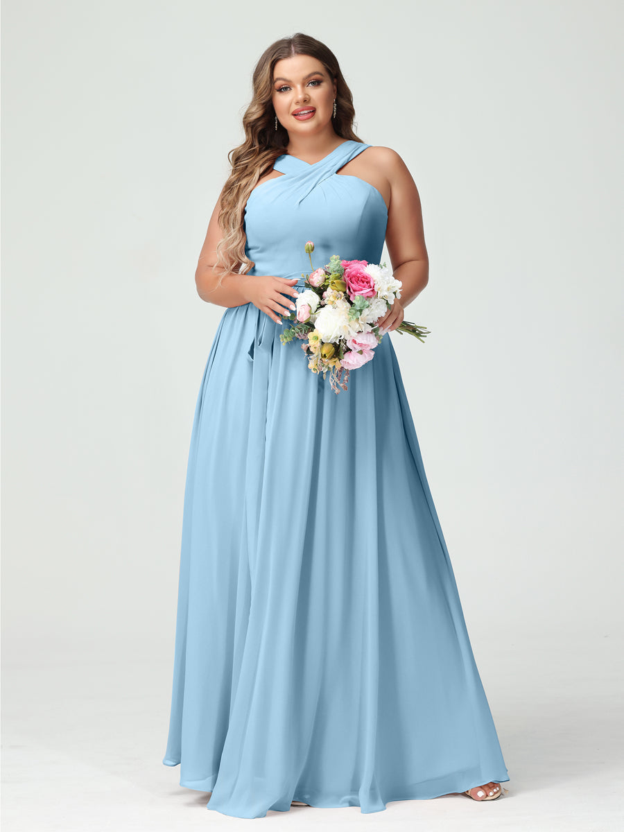 A-Line/Princess Criss Cross Sleeveless Chiffon Plus Size Bridesmaid Dresses with Sash