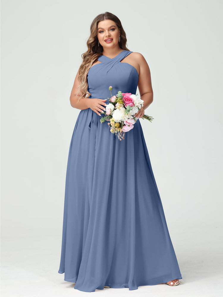 A-Line/Princess Spaghetti Straps Sleeveless Chiffon Plus Size Bridesmaid Dresses with Pockets & Split Side