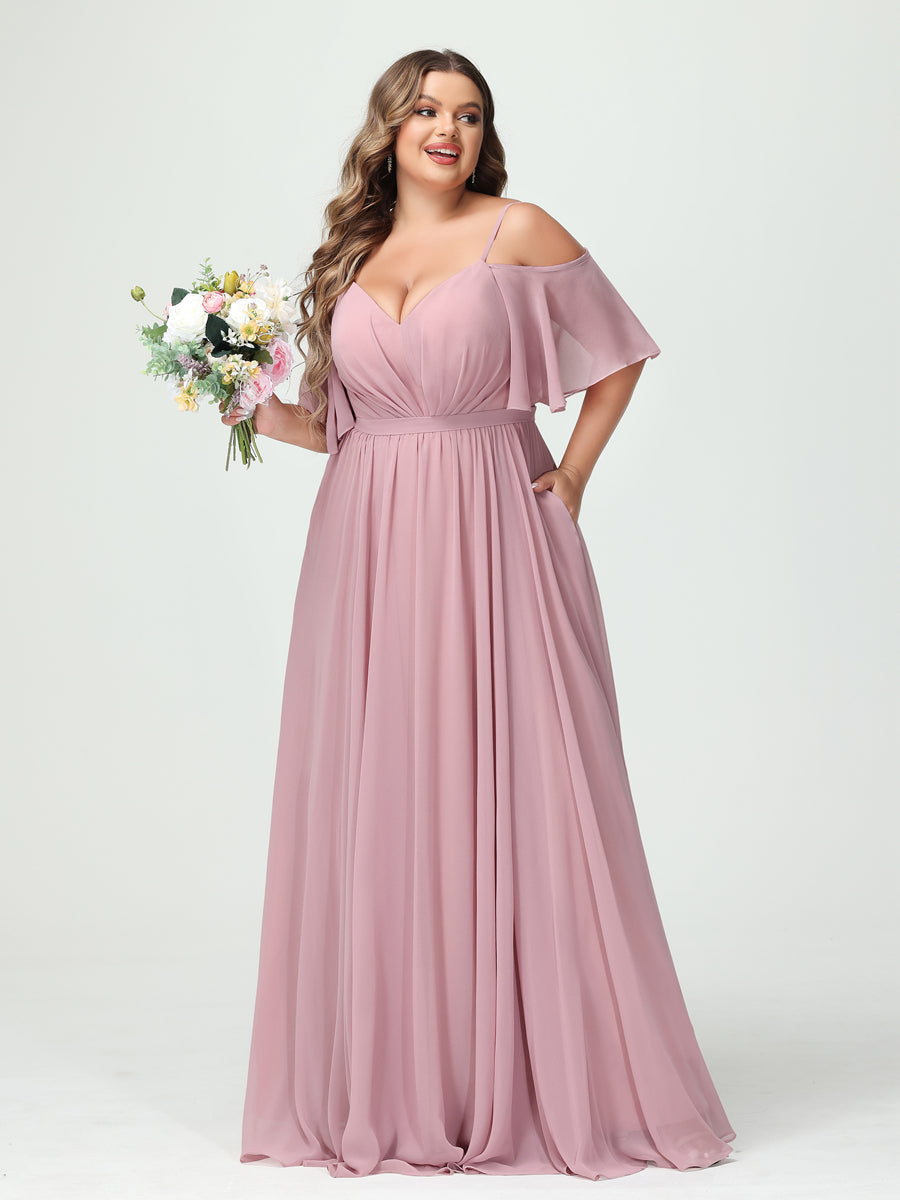 A-Line/Princess Spaghetti Straps Half Sleeves Chiffon Plus Size Bridesmaid Dresses with Pockets